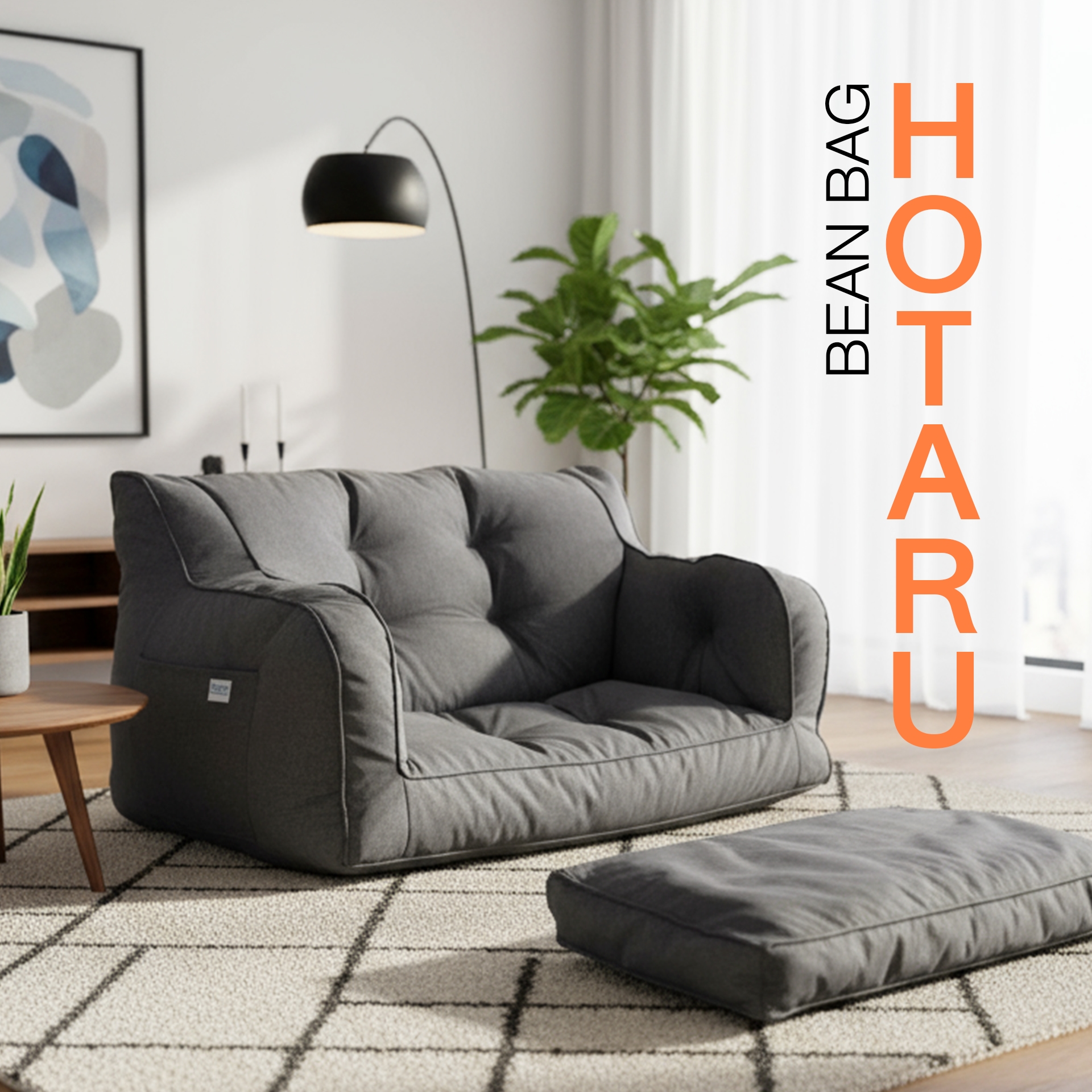 Ultra-photorealistic image of a modern living room featuring a dark gray linen bean bag sofa. The sofa has a soft, casual yet elegant design, blending seamlessly into the stylish interior. The room includes warm wooden flooring, a modern rug, minimalist furniture, and subtle decor elements like indoor plants, floor lamp, and abstract wall art. Large windows with sheer curtains allow natural daylight to brighten the space, creating a cozy and contemporary atmosphere. Cinematic detail, 8K resolution, sharp focus, realistic proportions, modern minimalist style.