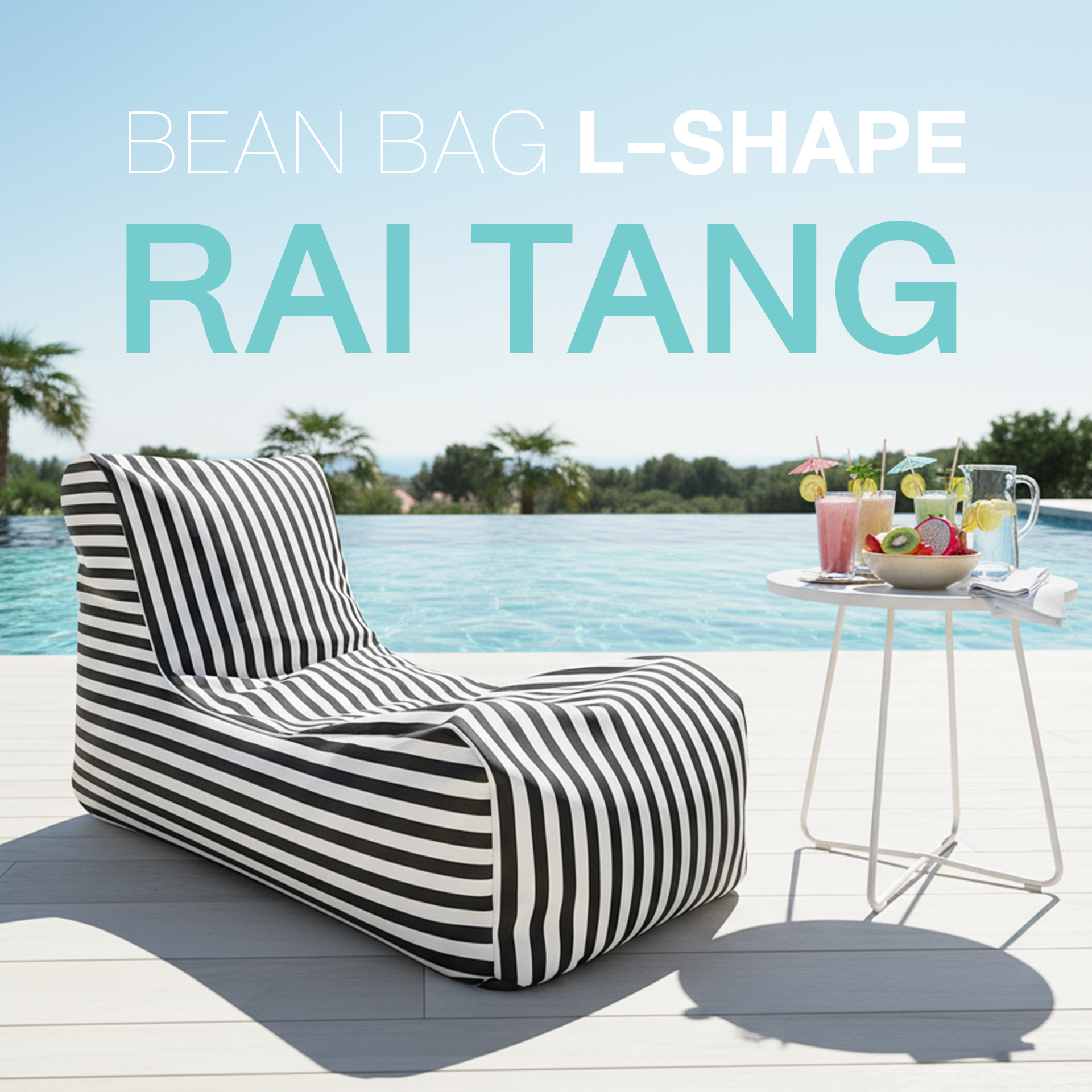 Ultra-photorealistic outdoor scene of a stylish black and white striped L-shaped bean bag placed beside a modern swimming pool. Next to the bean bag, there is a small dining table with neatly arranged tropical fruit drinks and light refreshments. The bean bag is positioned on a clean poolside deck, with shimmering turquoise water reflecting sunlight in the background. The atmosphere is bright, summery, and relaxing, with soft natural shadows cast on the ground. No other large furniture is visible — focus is on the bean bag, the small table with fruit drinks, and the poolside environment. Cinematic detail, 8K resolution, sharp focus, realistic textures.