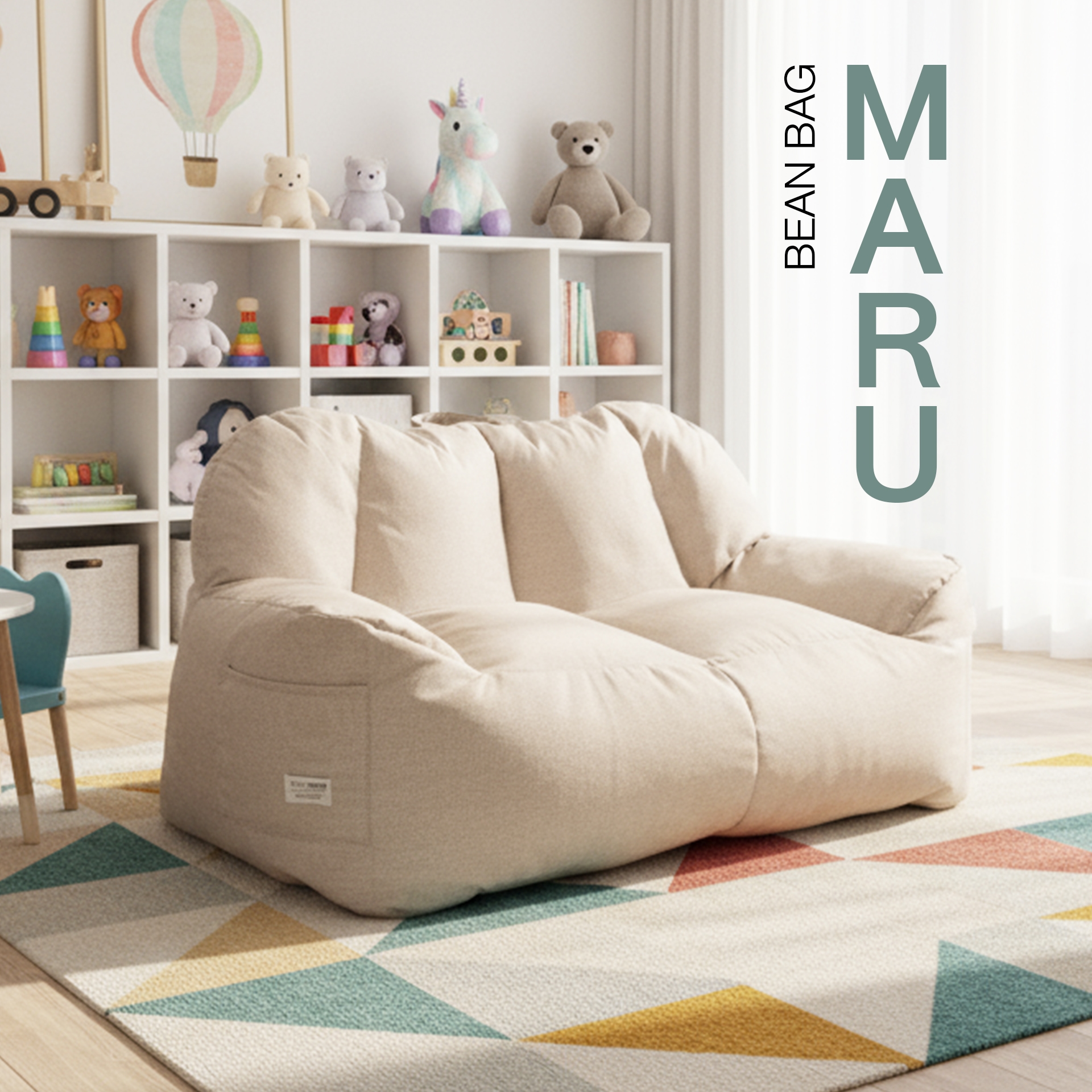 Ultra-photorealistic image of a beige bean bag sofa placed in a kids’ living room. The sofa looks soft, cozy, and playful, perfect for children. The room has light wooden flooring, a colorful soft rug, shelves filled with toys, children’s books, and plush dolls. Small furniture like a kids’ table and chairs are included, along with cheerful wall decorations. Bright daylight comes through large windows with sheer curtains, creating a warm, safe, and family-friendly atmosphere. Cinematic detail, 8K resolution, sharp focus, realistic proportions, playful modern kids’ room style.
