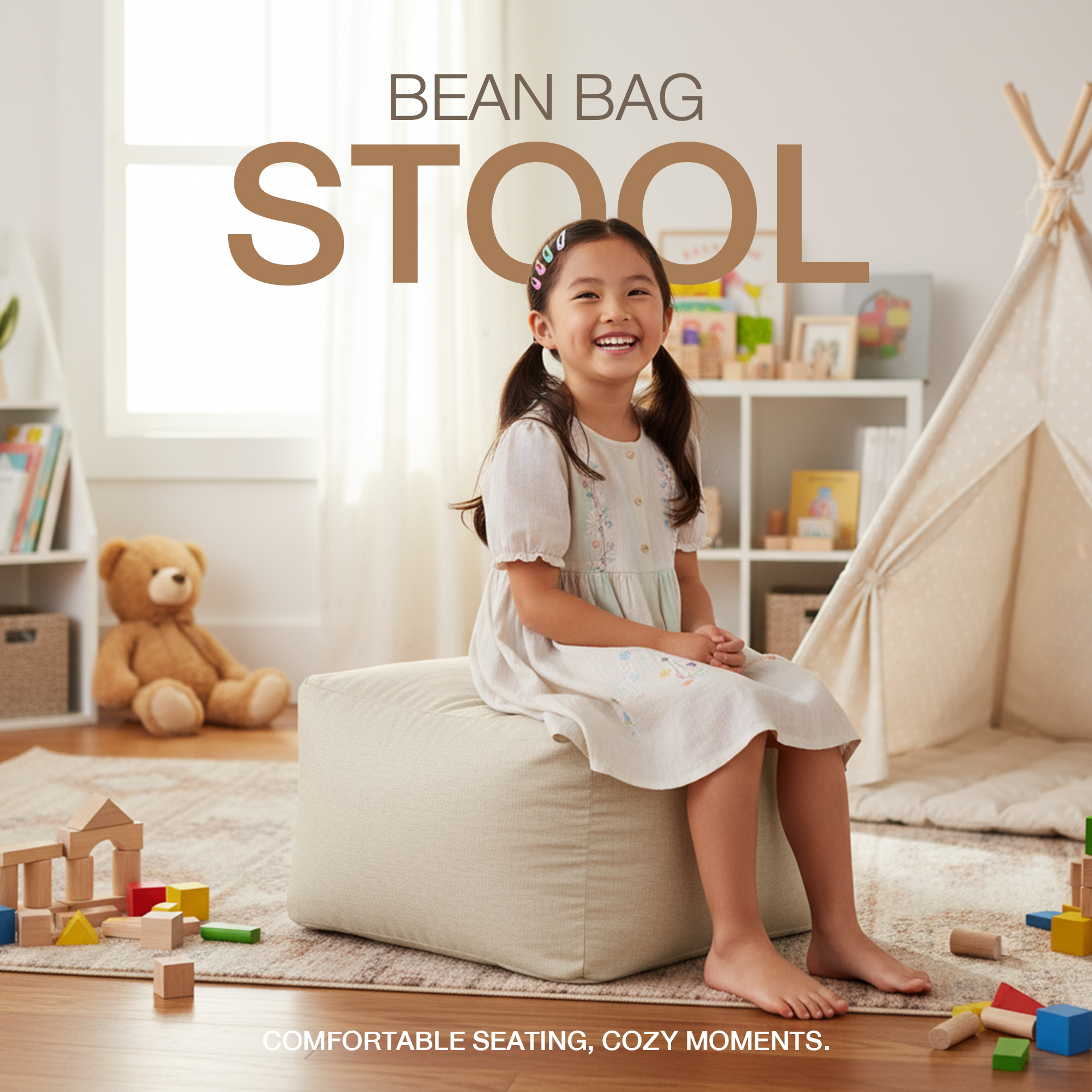 Ultra-photorealistic image of a cream-colored square bean bag stool placed in a cozy kids’ living room. A young Asian girl, around 6–8 years old, dressed in a cute outfit soft pastel dress with playful details, is sitting happily on the bean bag stool. She looks cheerful and relaxed, with natural posture, smiling joyfully. The surrounding kids’ living room features warm wooden flooring, soft rugs, colorful toys, and small furniture that creates a playful and safe environment. Bright daylight shines through the window, giving a cozy, family-friendly atmosphere. Cinematic detail, sharp focus, 8K resolution, realistic proportions, no distortion.