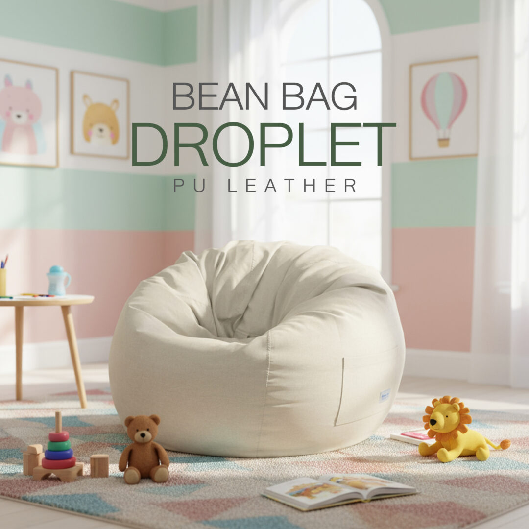 Ultra-photorealistic image of a cream-colored PU leather bean bag chair placed inside a cozy children’s living room. The bean bag is positioned on a soft play rug, surrounded by bright and cheerful décor. The room has pastel-colored walls, playful wall art, and large windows that let in natural daylight. Around the bean bag, there are children’s toys such as wooden blocks, plush animals, and storybooks, creating a fun and inviting atmosphere. The bean bag remains exactly in its original shape, stitching, and realistic PU leather texture — unchanged and clearly visible as the main subject. Cinematic realism, playful kids-friendly vibe, 8K detail.