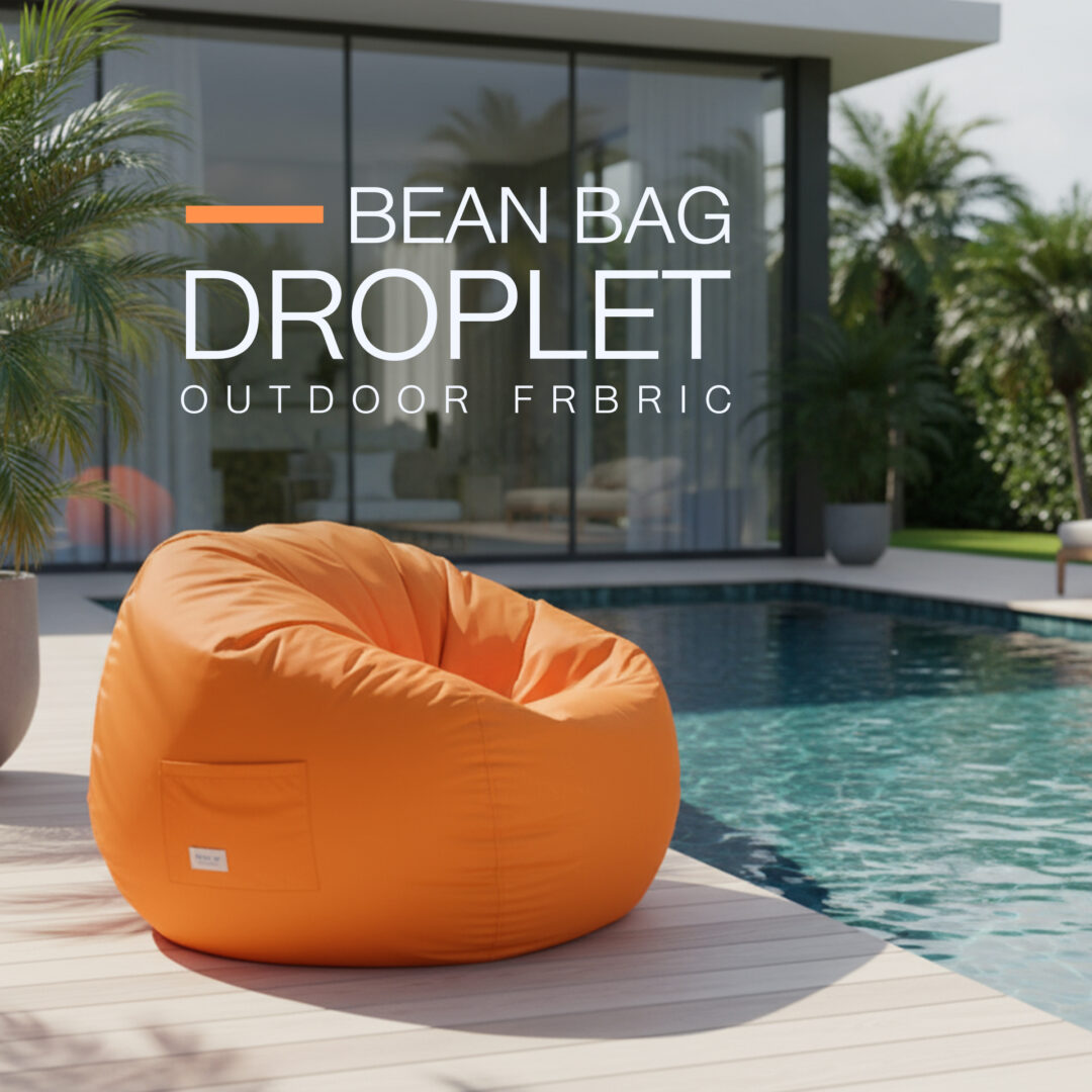 Ultra-photorealistic image of an outdoor orange fabric bean bag chair placed beside a luxury swimming pool in a modern pool villa. The bean bag is positioned on a wooden deck right at the poolside, reflecting a relaxed and stylish resort atmosphere. The turquoise water of the pool glistens under natural daylight, with gentle ripples and reflections adding realism. In the background, showcase a contemporary pool villa design with floor-to-ceiling glass windows, tropical plants, and soft sunlight filtering in. The bean bag remains exactly in its original shape, color, texture, and details — unchanged and clearly visible as the main subject. Cinematic composition, vibrant summer mood, sharp detail, 8K resolution.