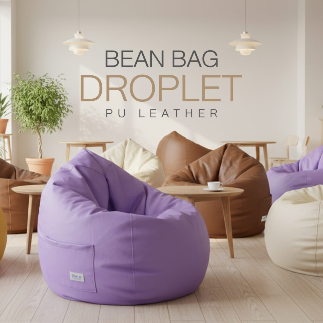 Ultra-photorealistic image of multiple PU leather bean bag chairs in mixed colors — yellow, brown, lavender purple, and cream — placed inside a minimalist café. The bean bags are arranged casually in a cozy seating area on a light wooden floor, surrounded by clean white walls, natural sunlight from large windows, and a few simple potted plants. The café interior features minimal Scandinavian-style décor: wooden tables, soft warm lighting, and airy open space. Each bean bag keeps its original shape, stitching, and realistic leather texture, while the different colors create a lively yet harmonious look. Cinematic detail, modern minimalist vibe, 8K resolution.