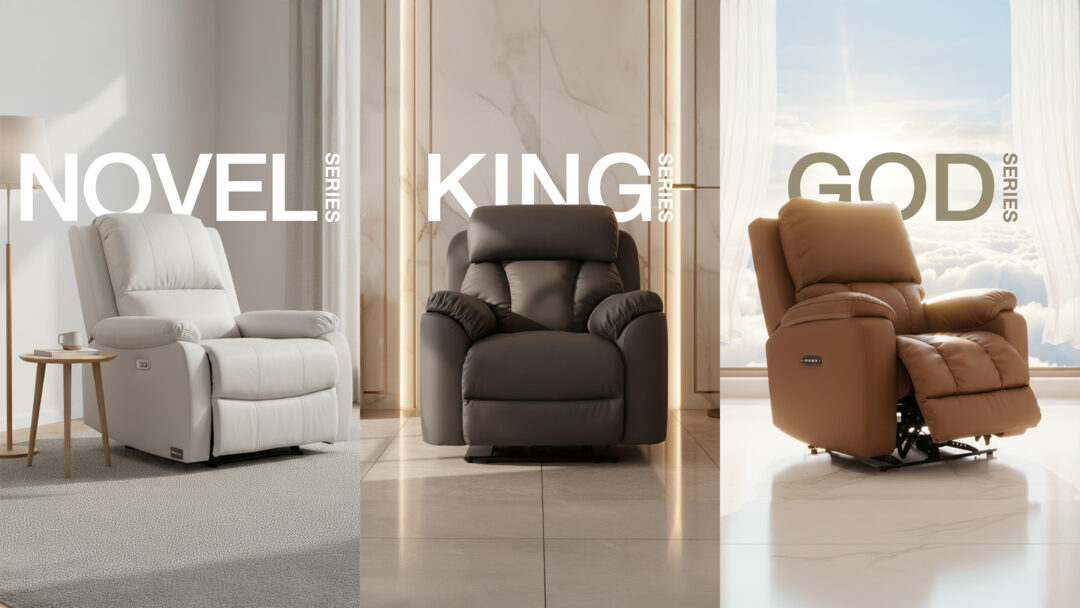 Recliner sofa collection by Future Living showcasing three series — Novel, King, and God — highlighting different levels of comfort and design in a modern living space.