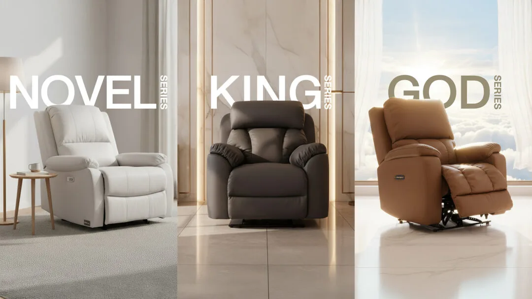 Recliner sofa collection by Future Living showcasing three series — Novel, King, and God — highlighting different levels of comfort and design in a modern living space.