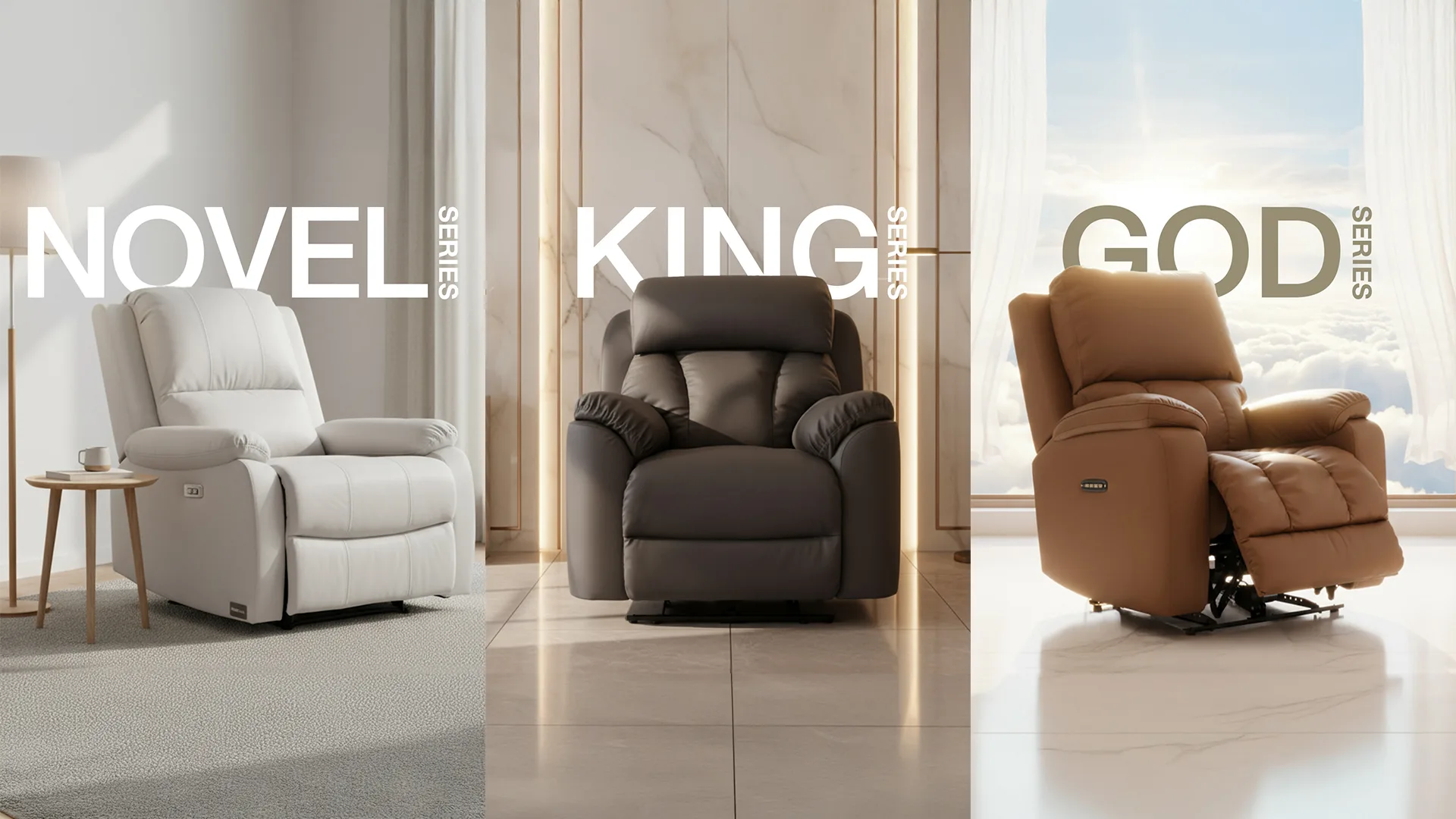 Image showcasing three Future Living recliner models in separate scenes: the white Novel Series in a bright minimal room, the dark gray King Series in a marble-accent interior, and the brown God Series positioned in front of a window with a glowing sky above the clouds.