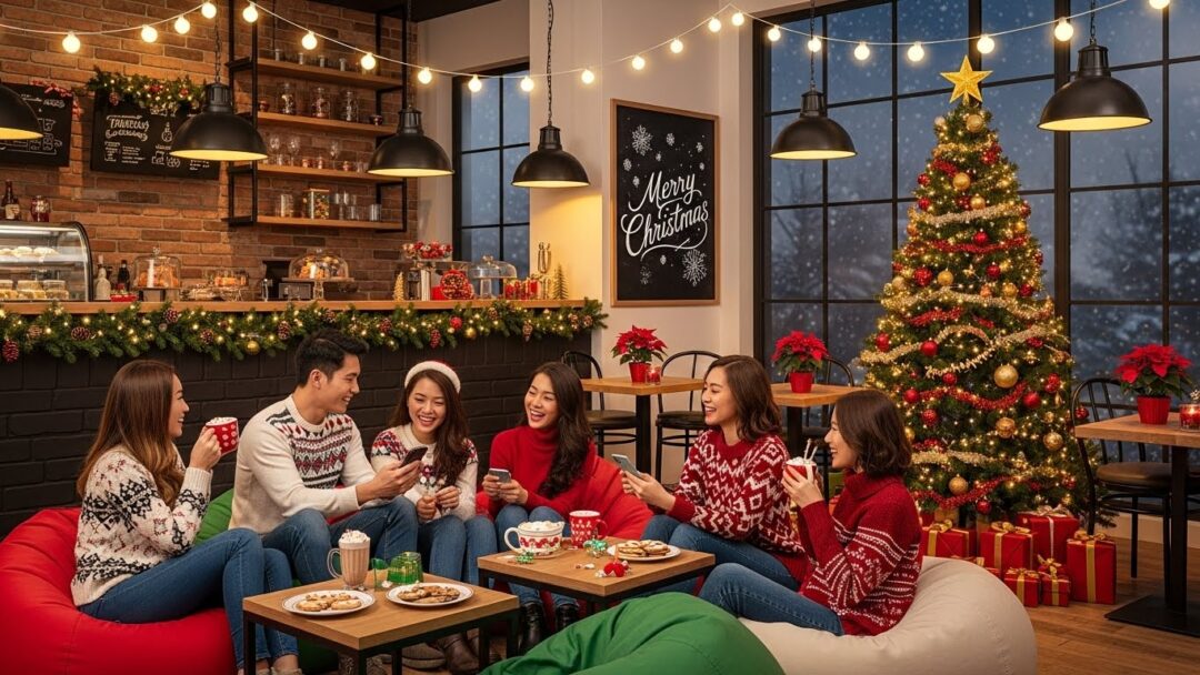 โซนคริสต์มาสในคาเฟ่จัดด้วยบีนแบคสีแดง เขียว งาช้าง พร้อมกลุ่มเพื่อนชาวเอเชียกำลังฉลองและถ่ายรูปบรรยากาศปาร์ตี้แบบอบอุ่นทันสมัย