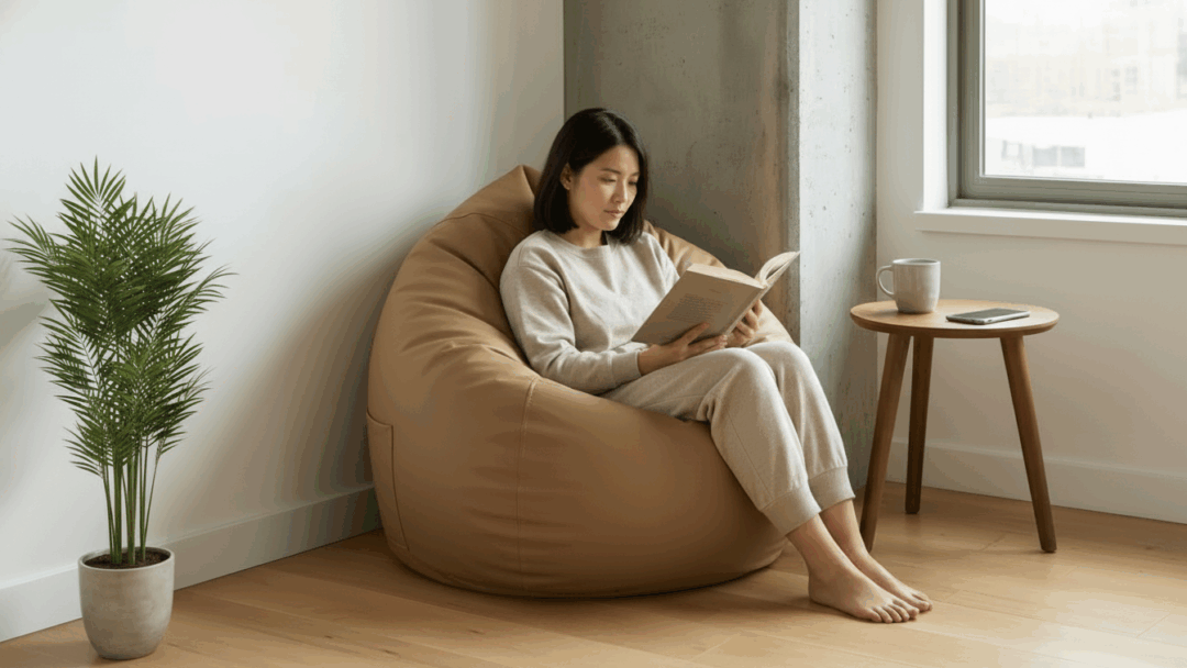 Large tan leather bean bag chair with side pocket, styled in a minimalist living room corner for a comfortable reading spot