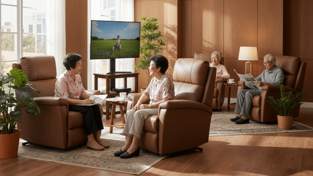 A cozy relaxation corner designed for Asian elderly people in a senior living community. Soft natural lighting, comfortable armchairs, warm wooden interior tones, indoor plants, and a calm atmosphere. A small group of elderly individuals are engaging in activities together — watching TV, reading books, chatting with friends the same age. Smiling expressions, supportive social interaction, sense of belonging.