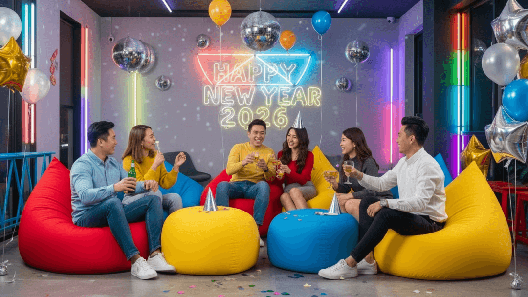 people sitting on beanbag to celebrate new year 2026