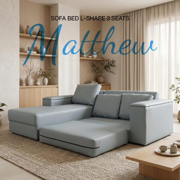 Sofa bed Matthew L-shape 3-seater in light grey, styled in a modern living room